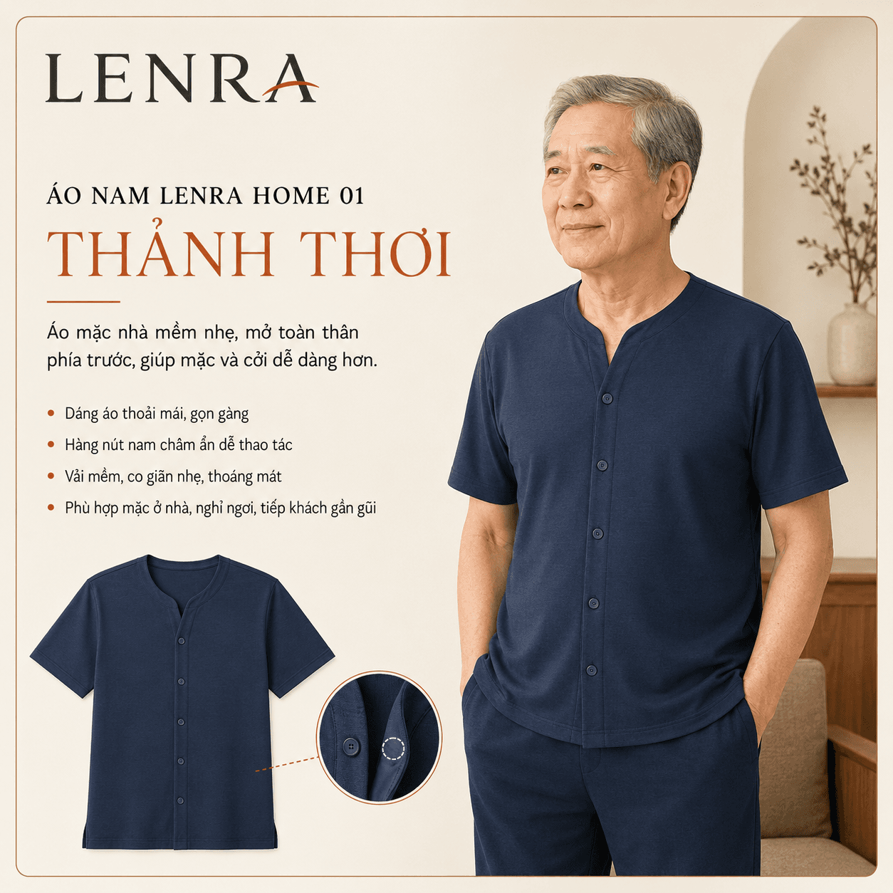Ảnh mô tả 1 của Áo Nam LENRA Home 01 Cúc Áo Nam Châm Ẩn - Thảnh Thơi