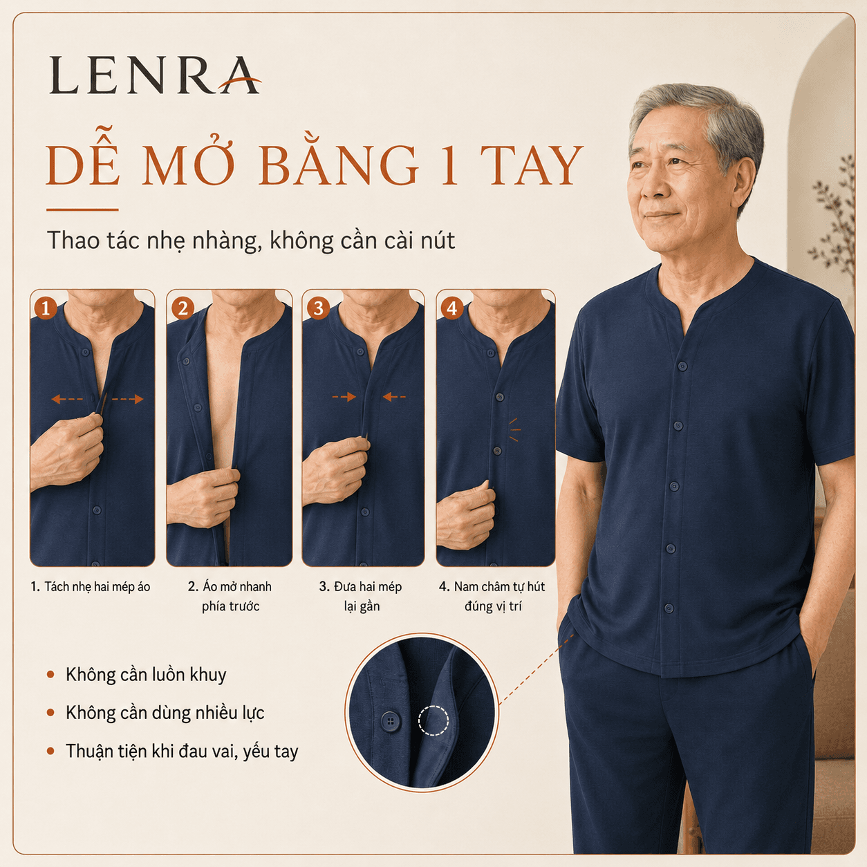 Ảnh mô tả 2 của Áo Nam LENRA Home 01 Cúc Áo Nam Châm Ẩn - Thảnh Thơi