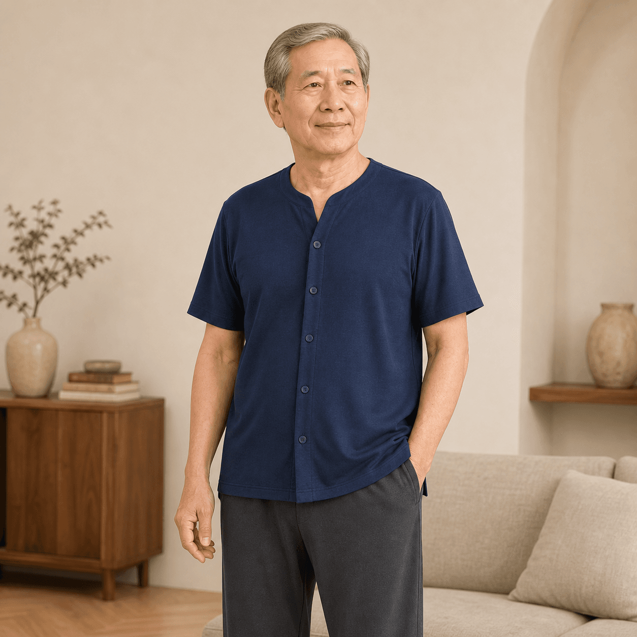 Áo Nam LENRA Home 01 Cúc Áo Nam Châm Ẩn - Thảnh Thơi màu Xanh navy